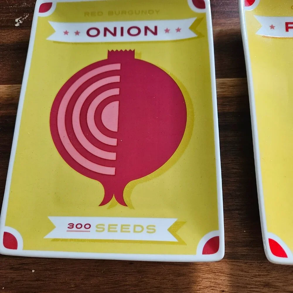 appetizer plates made to look like a seed packet two onion&radish crate&barrel